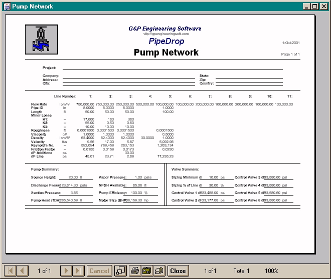 PipeDrop Data Sheet Print-Out Screen Shot