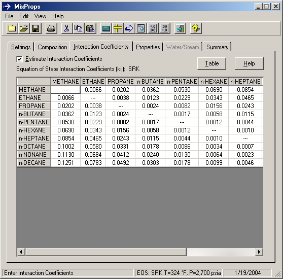 MixProps Binary Interaction Parameters Screenshot